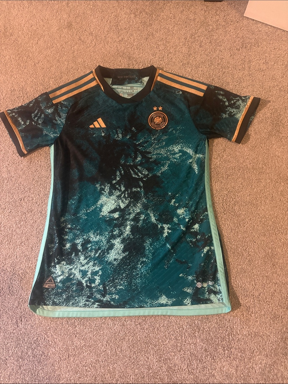 Adidas Women’s S Teal, Green and Black Germany Football Jersey with Gold Accents